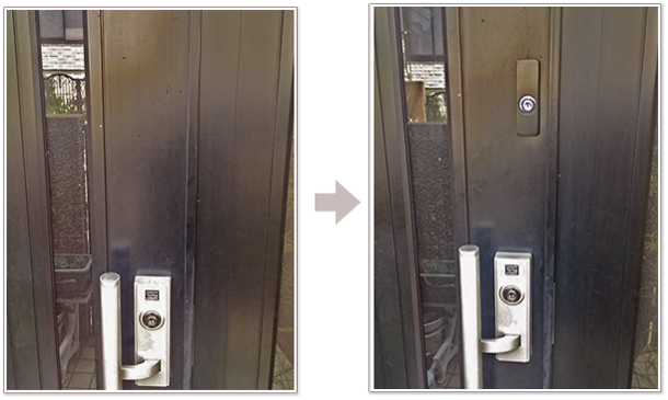 お家の玄関ドアに鍵を取り付け施工　施工前　施工後写真